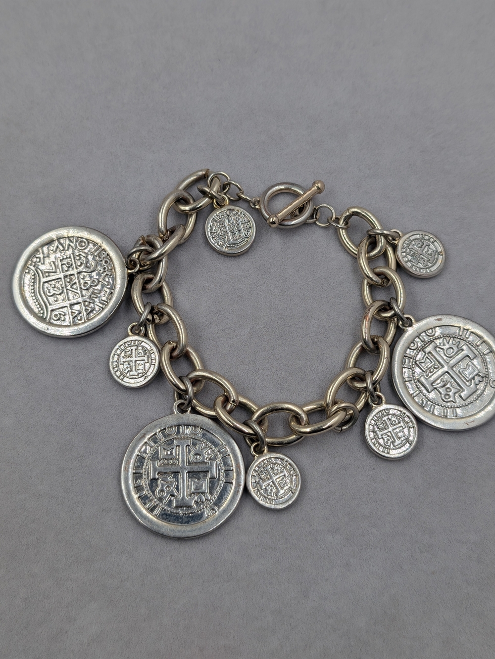 Mixed Metal Spanish Coin Charm Bracelet Antiqued Toggle | 0034